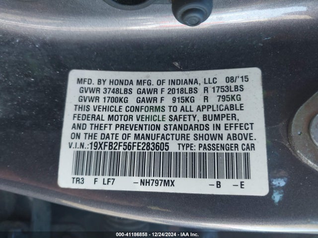 Honda Civic Lx 2015 19XFB2F56FE283605 Image 9
