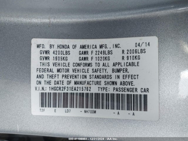 Honda ACCORD LX 2014 1HGCR2F31EA215762 Image 9