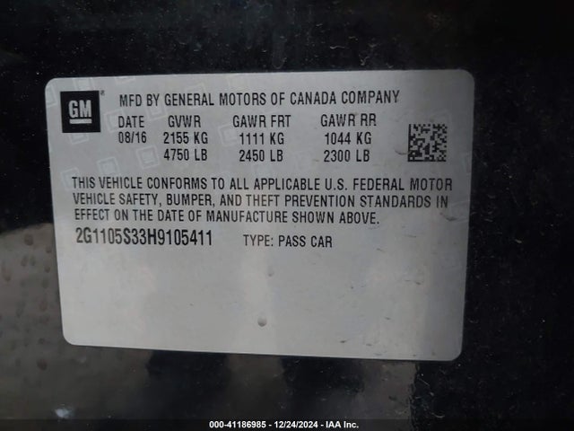 Chevrolet IMPALA 1LT 2017 2G1105S33H9105411 Image 9