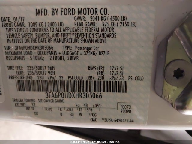 2017 Ford Fusion Se მანქანა იყიდება აუქციონზე, vin: 3FA6P0HDXHR305066, აუქციონის ნომერი: 41187022