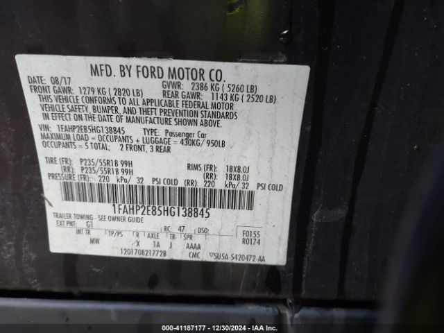 1FAHP2E85HG138845 Ford TAURUS SEL
