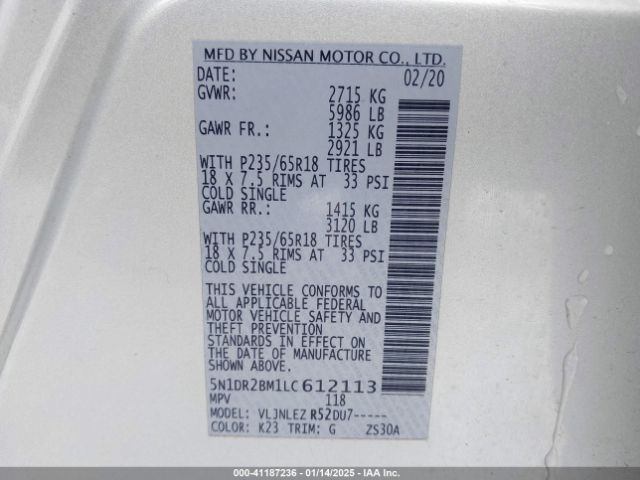 5N1DR2BM1LC612113 Nissan Pathfinder Sv 4wd