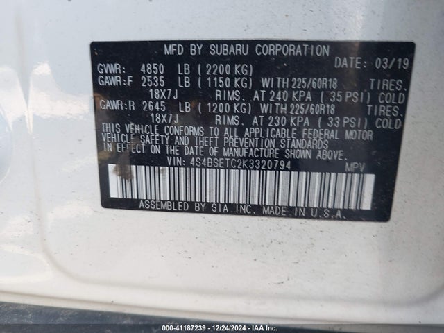 4S4BSETC2K3320794 Subaru Outback 3.6r Touring