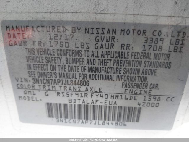 3N1CN7AP7JL844806 Nissan Versa 1.6 S
