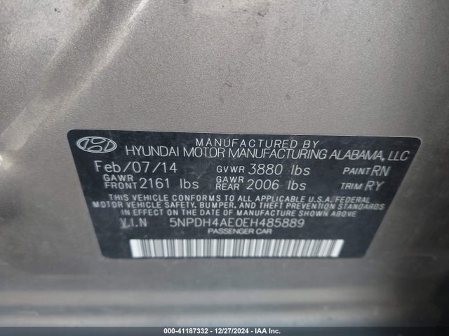 Hyundai Elantra Limited 2014 5NPDH4AE0EH485889 Image 9