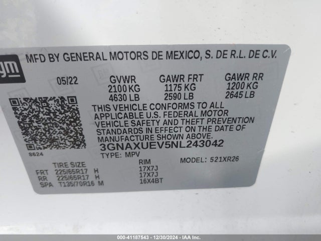 3GNAXUEV5NL243042 Chevrolet Equinox Awd Lt