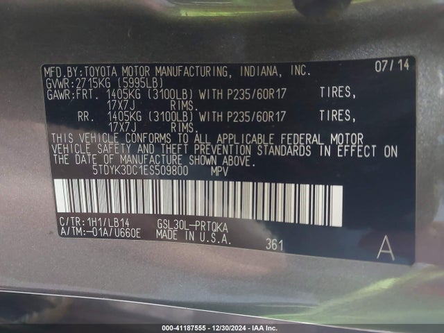 5TDYK3DC1ES509800 Toyota 2gr-fks