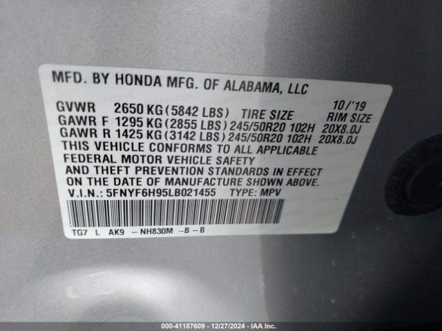 5FNYF6H95LB021455 Honda Pilot Awd Touring 8 Passenger