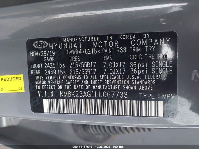 KM8K23AG1LU067733 Hyundai Kona Electric Sel