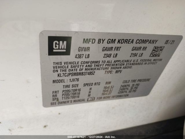 KL7CJPSM8MB374852 Chevrolet Trax Awd Lt