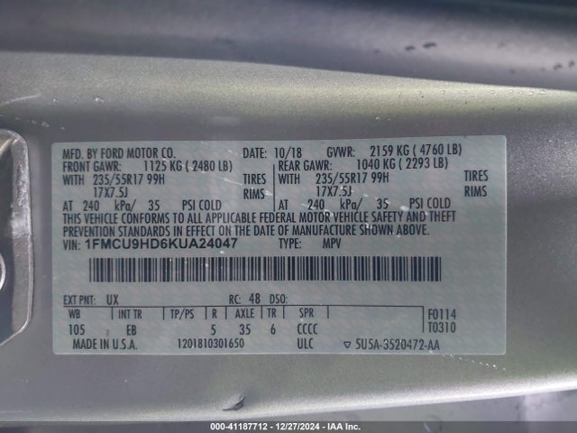1FMCU9HD6KUA24047 Ford ESCAPE SEL