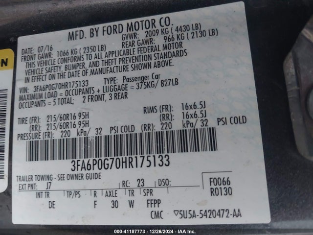 Ford FUSION S 2017 3FA6P0G70HR175133 Image 9