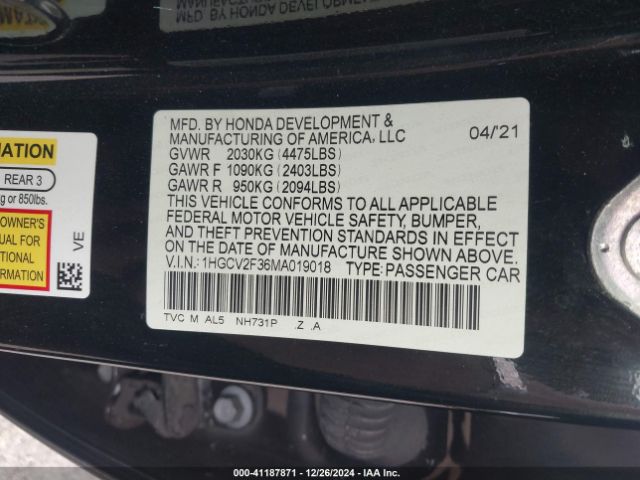 1HGCV2F36MA019018 Honda Accord Sport 2.0t