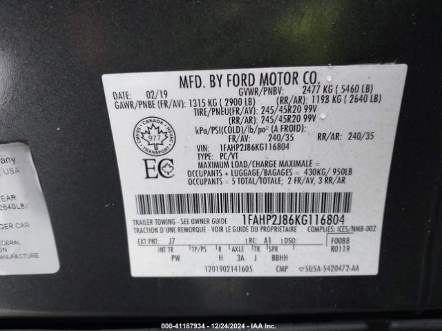 1FAHP2J86KG116804 Ford Taurus Limited