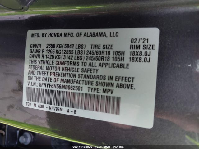 5FNYF6H56MB062501 Honda Pilot Awd Ex-l