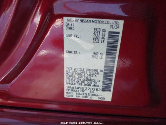 1N4AL3AP2EC270562 Nissan Altima 2.5/2.5 S/2.5 Sl/2.5 Sv
