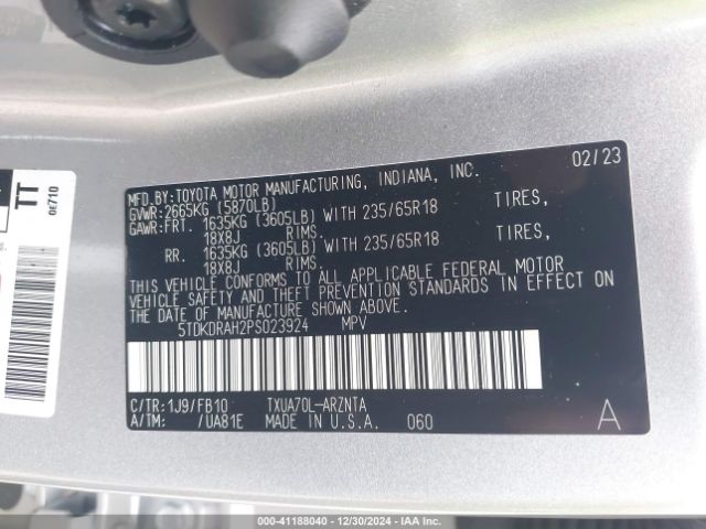 5TDKDRAH2PS023924 Toyota Highlander L