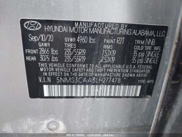 5NMS3CAA3LH277478 Hyundai Santa Fe Sel 2.0t