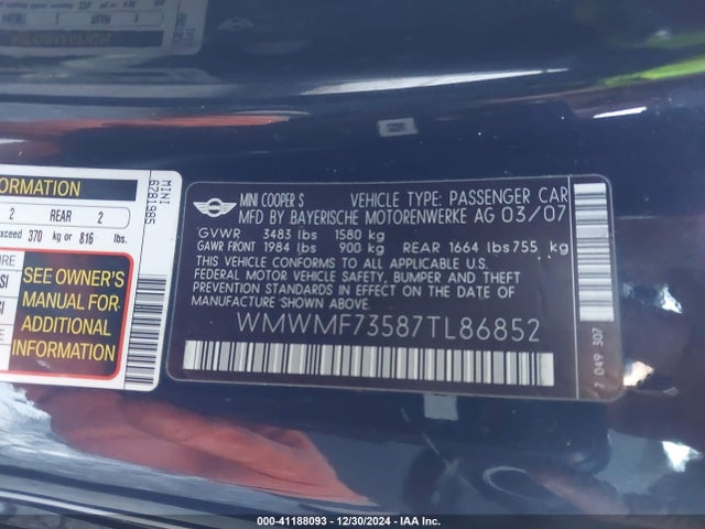 2007 MINI COOPER S WMWMF73587TL86852 Photo 8