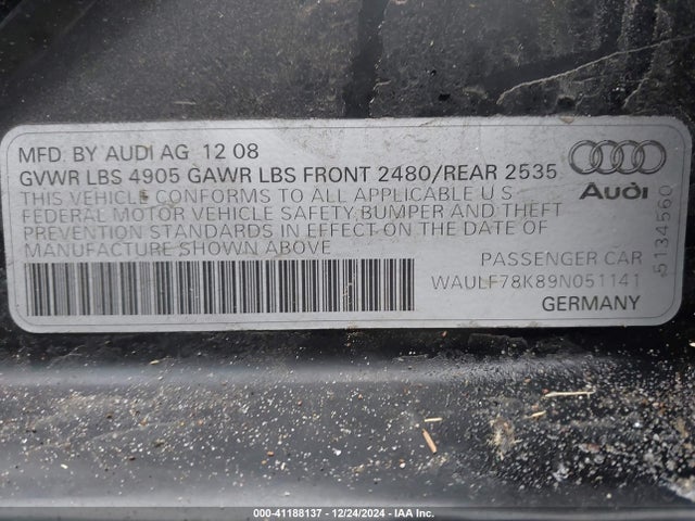 2009 AUDI A4 WAULF78K89N051141 Photo 8