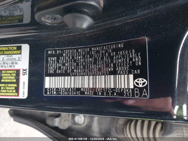 5YFBURHE0GP509751 Toyota COROLLA L