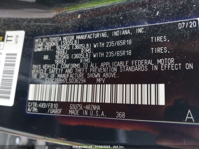 5TDCZRBH7LS036294 Toyota Highlander L