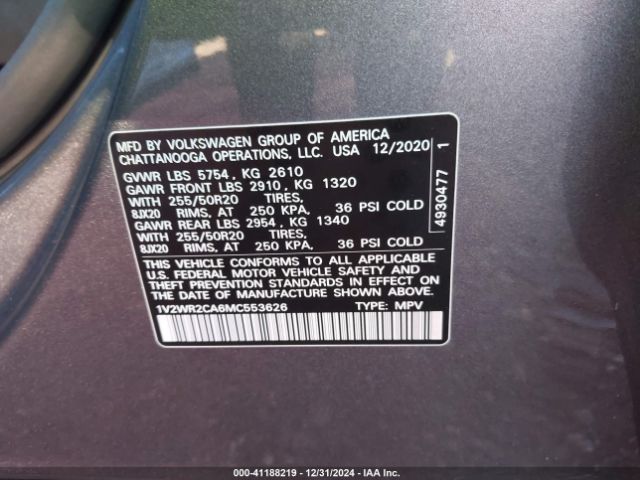 2021 VOLKSWAGEN ATLAS 1V2WR2CA6MC553626 Photo 8