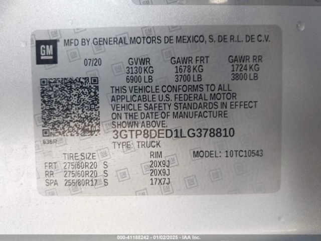 3GTP8DED1LG378810 GMC Sierra 1500 2wd  Short Box Slt