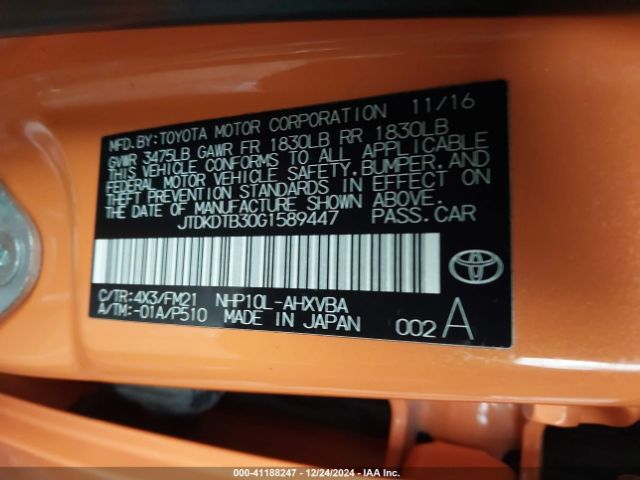 JTDKDTB30G1589447 Toyota Prius C Two