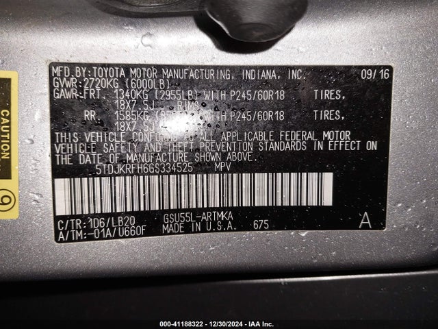 Toyota Highlander Xle V6 2016 5TDJKRFH6GS334525 Image 9