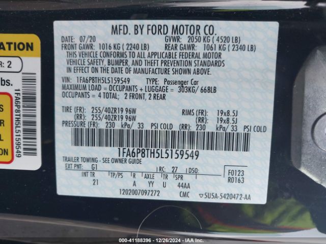 1FA6P8TH5L5159549 Ford Mustang Ecoboost Fastback
