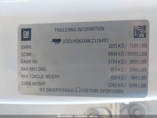 1GCUYDEDXKZ115491 Chevrolet Silverado 1500 Lt