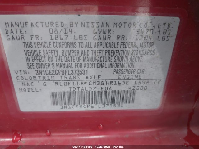 3N1CE2CP6FL373531 Nissan Versa Note S (sr)/s Plus/sl/sr/sv