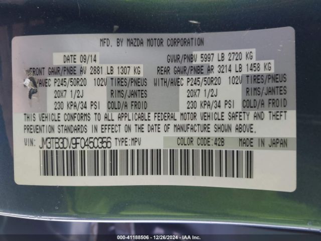 JM3TB3DV9F0450356 Mazda Cx-9 Grand Touring