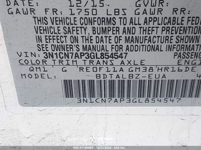 3N1CN7AP3GL854547 Nissan Versa