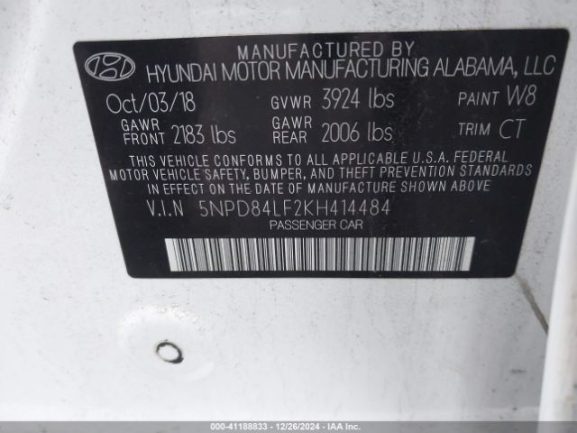 5NPD84LF2KH414484 Hyundai ELANTRA SEL