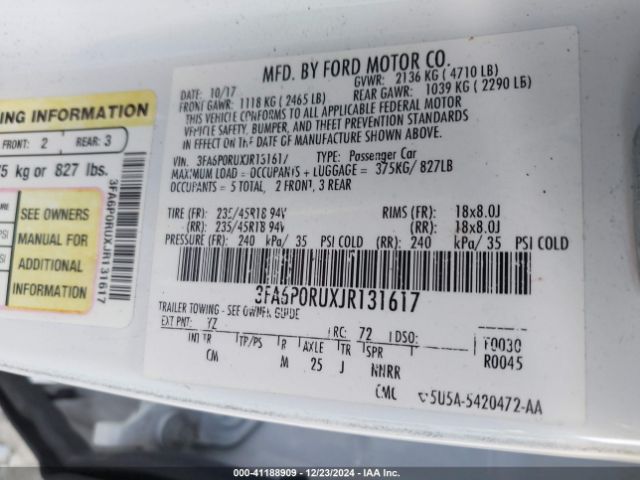 3FA6P0RUXJR131617 Ford Fusion Hybrid Titanium