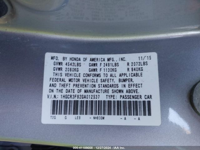 1HGCR3F92GA012537 Honda Accord Touring
