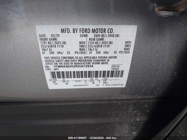 Ford EXPLORER XLT 2024 1FMSK8DH2RGA72836 Image 9