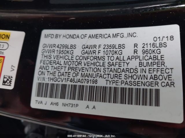 1HGCV1F46JA079198 Honda ACCORD EX
