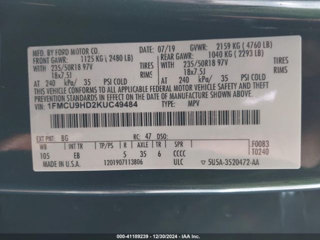 1FMCU9HD2KUC49484 Ford ESCAPE SEL