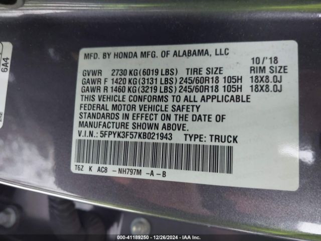 5FPYK3F57KB021943 Honda Ridgeline Rtl