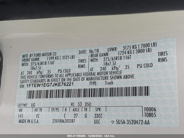 1FTEW1EG7JKE76221 Ford F-150 Lariat