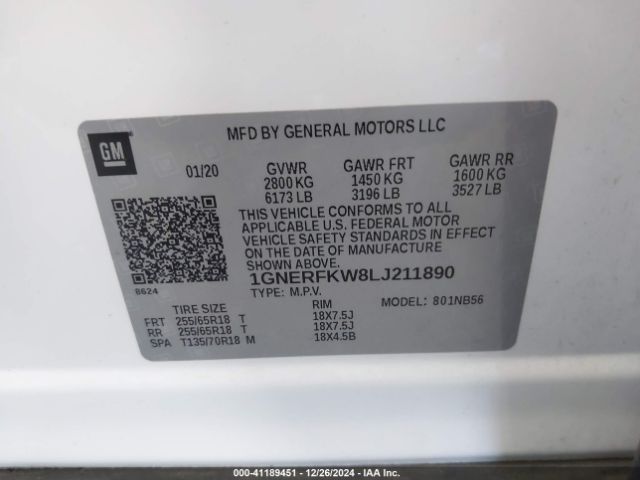 1GNERFKW8LJ211890 Chevrolet Traverse Fwd Ls
