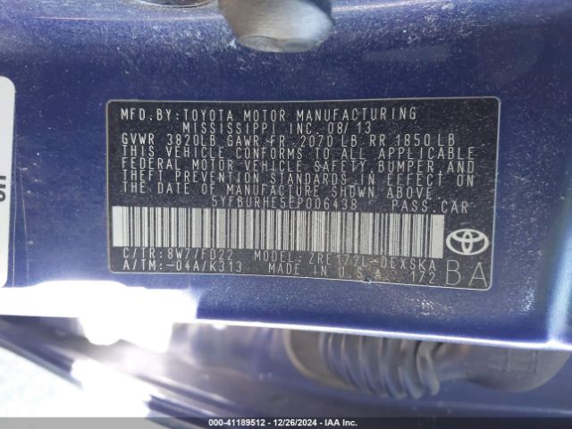 5YFBURHE5EP006438 Toyota Corolla L/le/le Pls/prm/s/s Pls
