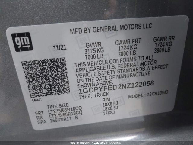 1GCPYFED2NZ122058 Chevrolet Silverado 1500 Ltd 4wd  Short Bed Lt Trail Boss