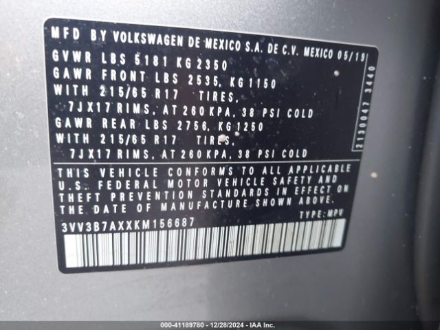 3VV3B7AXXKM156687 Volkswagen Tiguan 2.0t Se/2.0t Sel/2.0t Sel R-line/2.0t Sel R-line Black