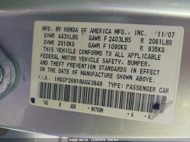 Продаж на аукціоні авто 2008 Honda Accord 2.4 Ex-l, vin: 1HGCP26818A043948, номер лоту: 41190138