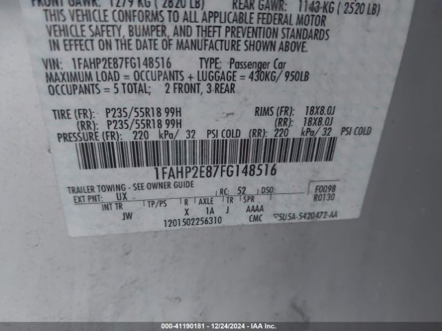1FAHP2E87FG148516 Ford TAURUS SEL