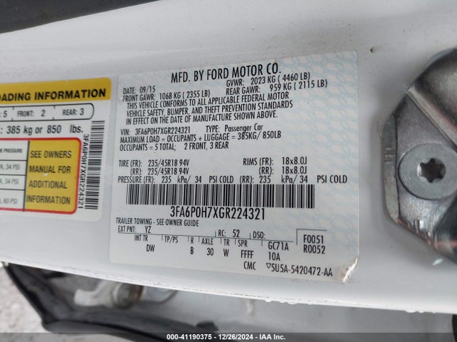 Ford FUSION SE 2016 3FA6P0H7XGR224321 Image 9